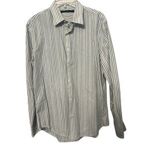 Perry Ellis Mens M LS‎ Shirt Cotton Button Down Dress Blue White Striped